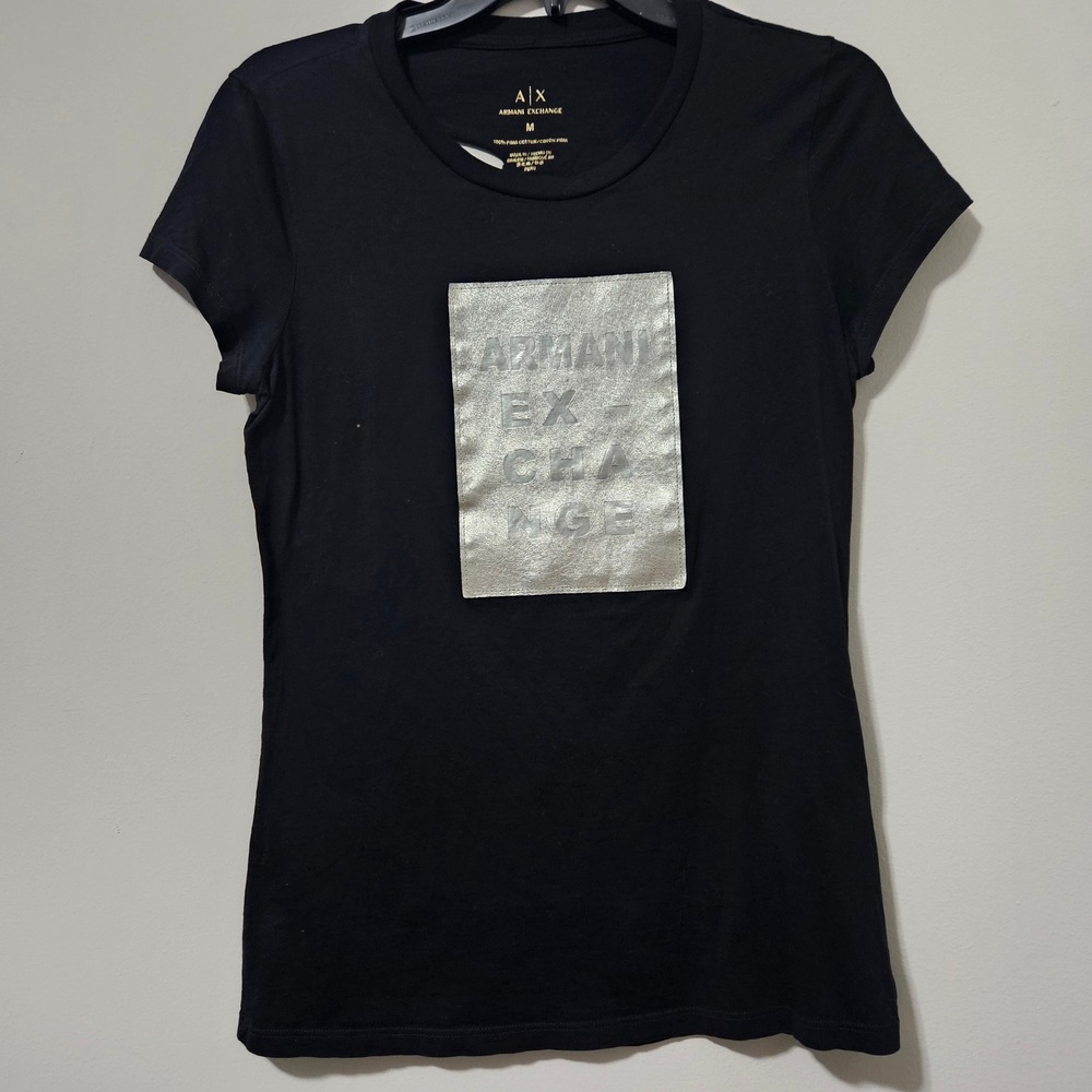 Armani Exchange Womens Black Pima Cotton Logo Patch Distressed Back T-Shirt M
